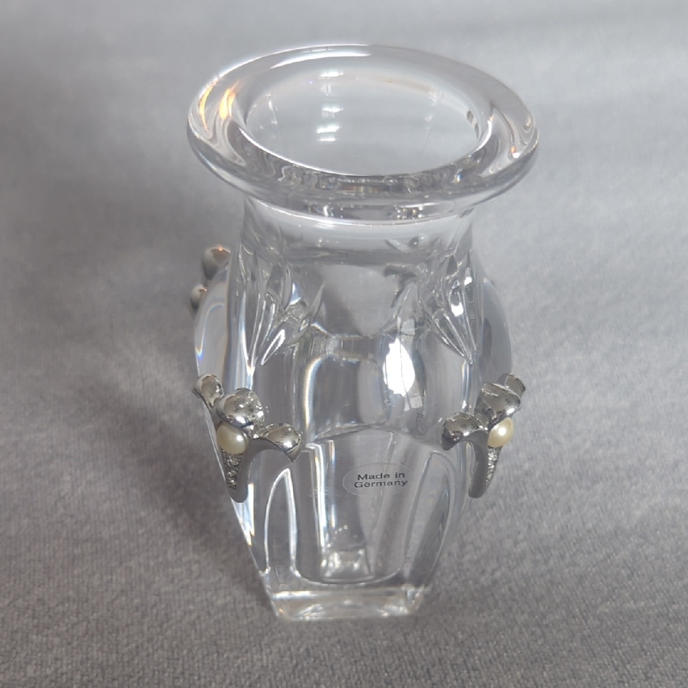 Lenox Clear Lead Crystal Vase with Silver/Pearl Like Accents 4" Tall